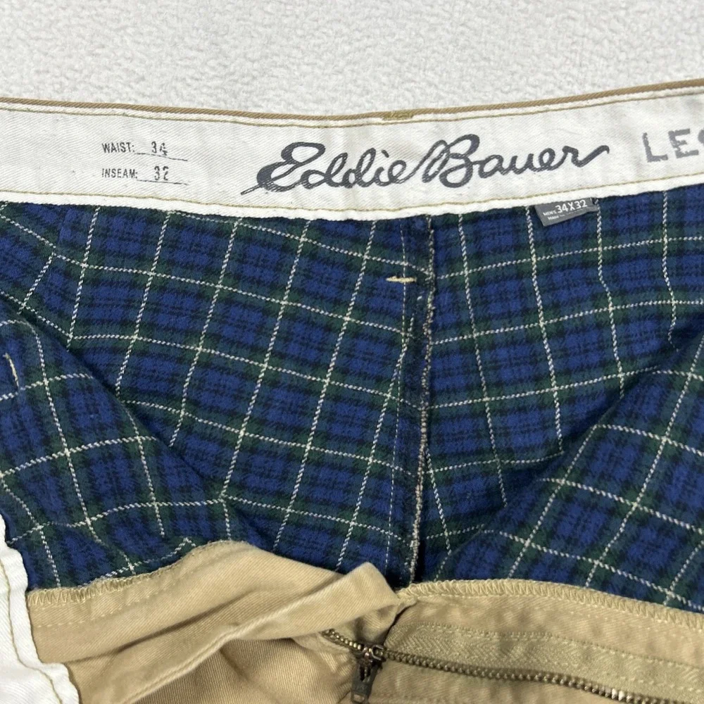 Eddie Bauer Mens 34x32 Flannel Lined Beige Chino Pants‎ Cotton Casual Preppy